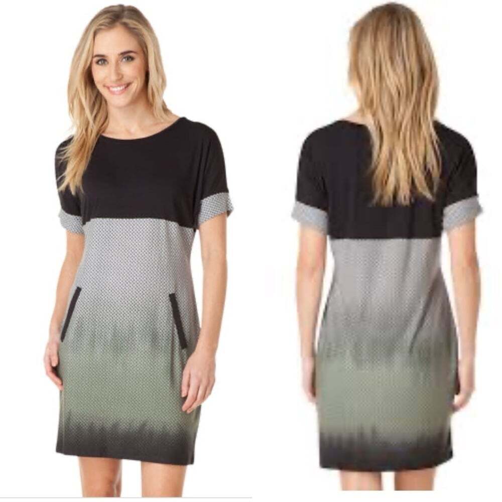 YEST Gadby Ombre Midi Dress Size 10 Black Gray Short Sleeve Minimalistcore Work